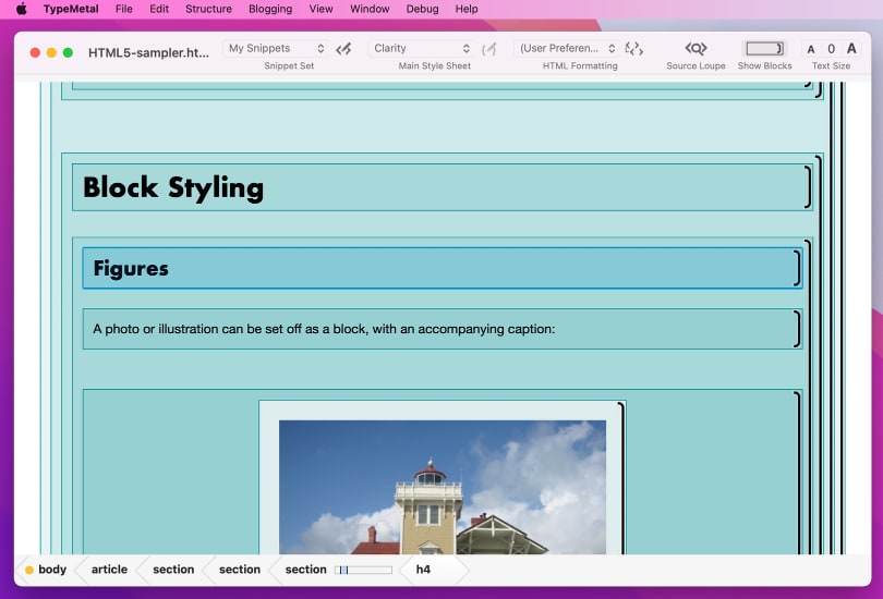 an HTML window in "Show Block Structure" mode