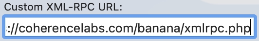 WordPress login UI showing Custom XML-RPC URL field