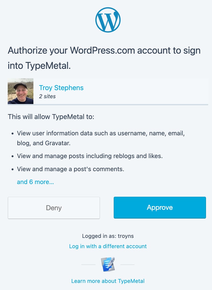 screen shot showing approving access to a wordpress.com account