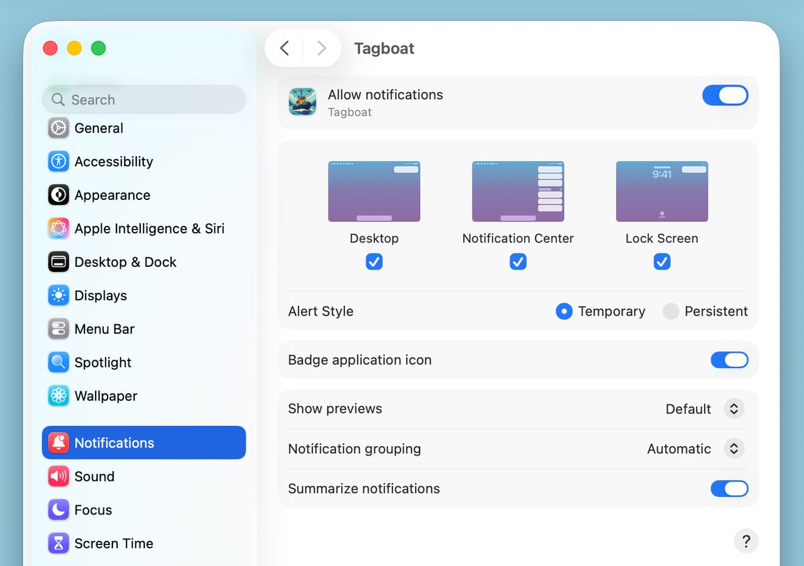 Tagboat Notification Settings in the Settings app