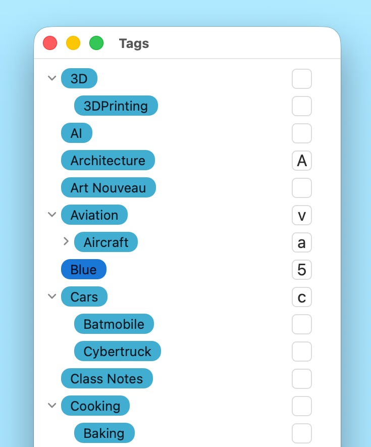 Tagboat's "Tags" Window, Showing Some Example Tags