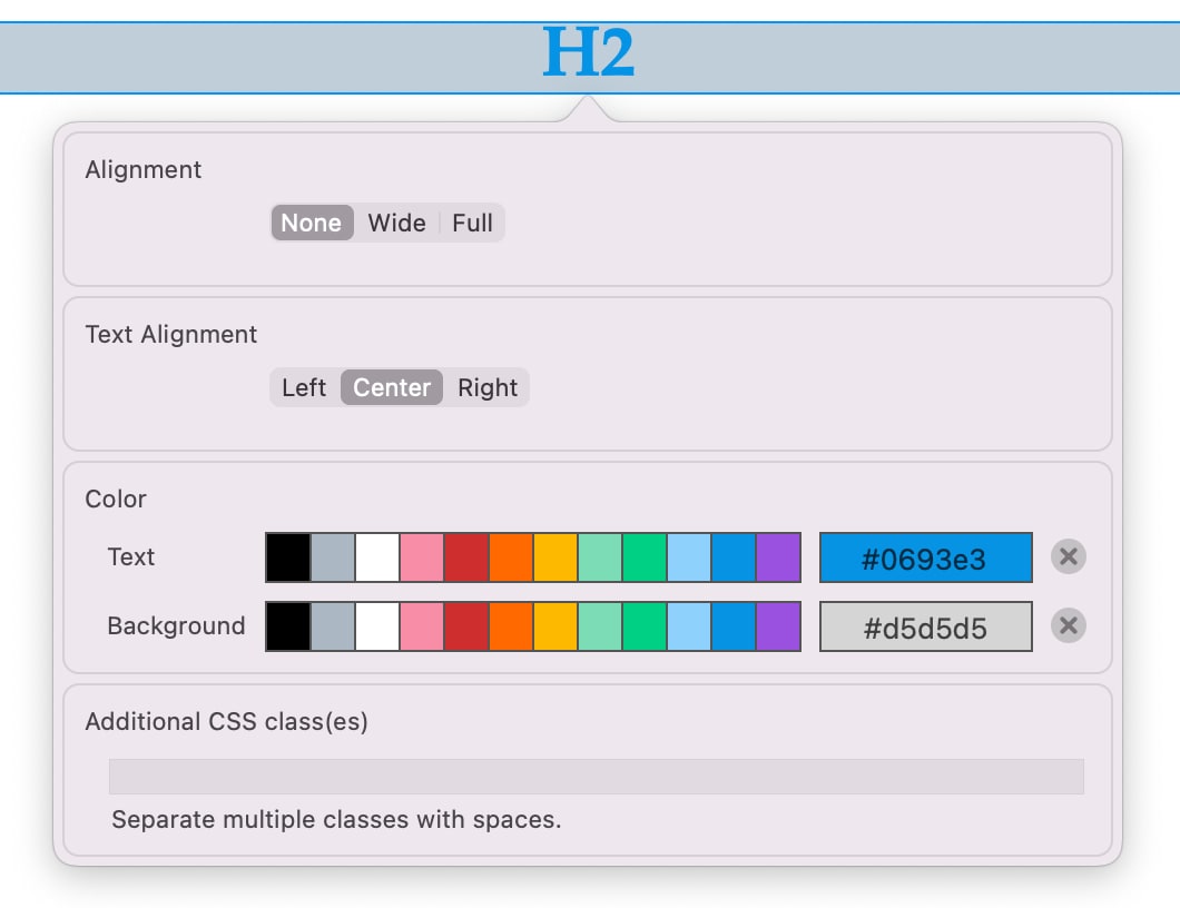 Screen Shot of TypeMetal's WordPress Block Properties Editor