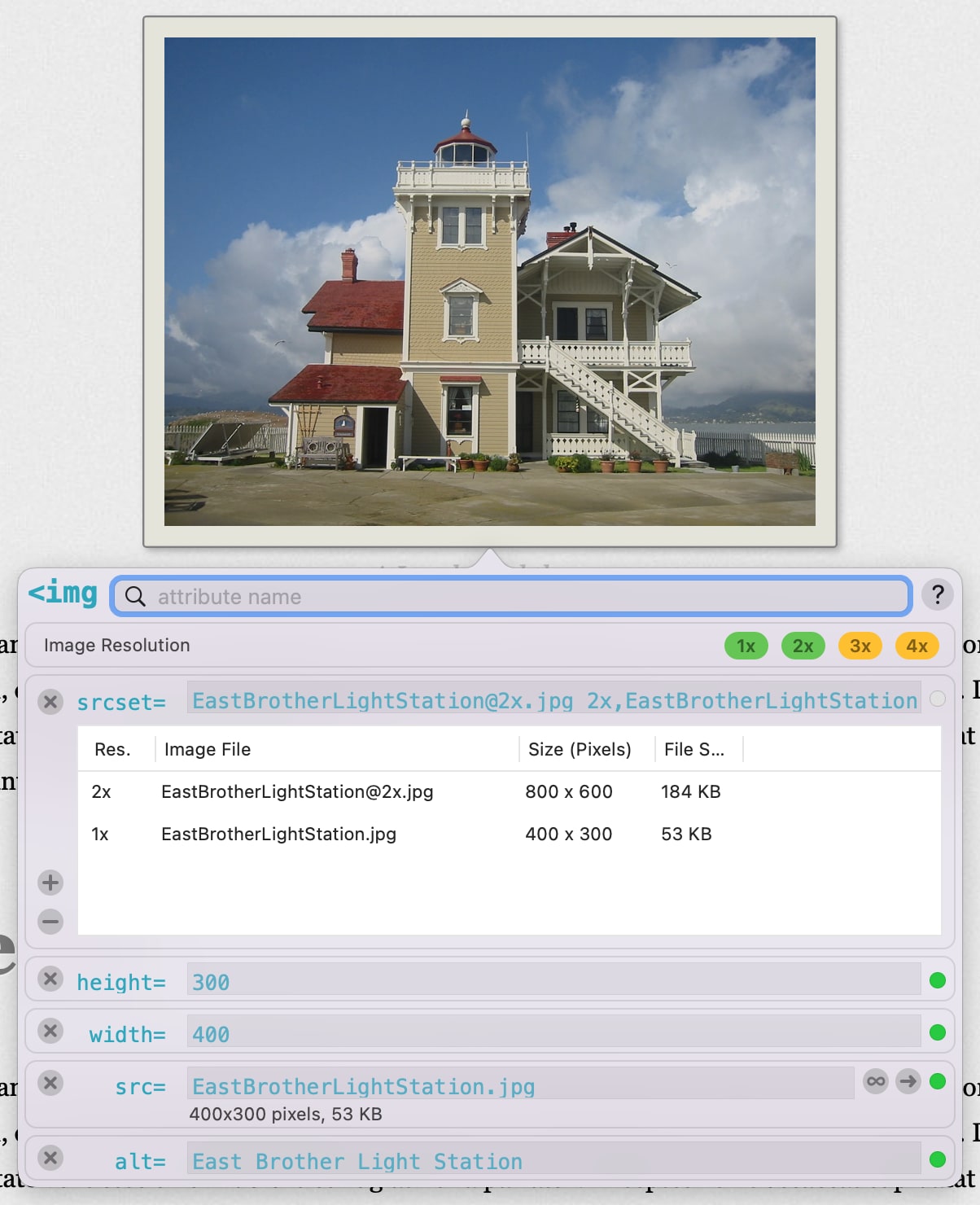 The Attribute Editor for an <img> Element That Specifies 2x and 1x Variants